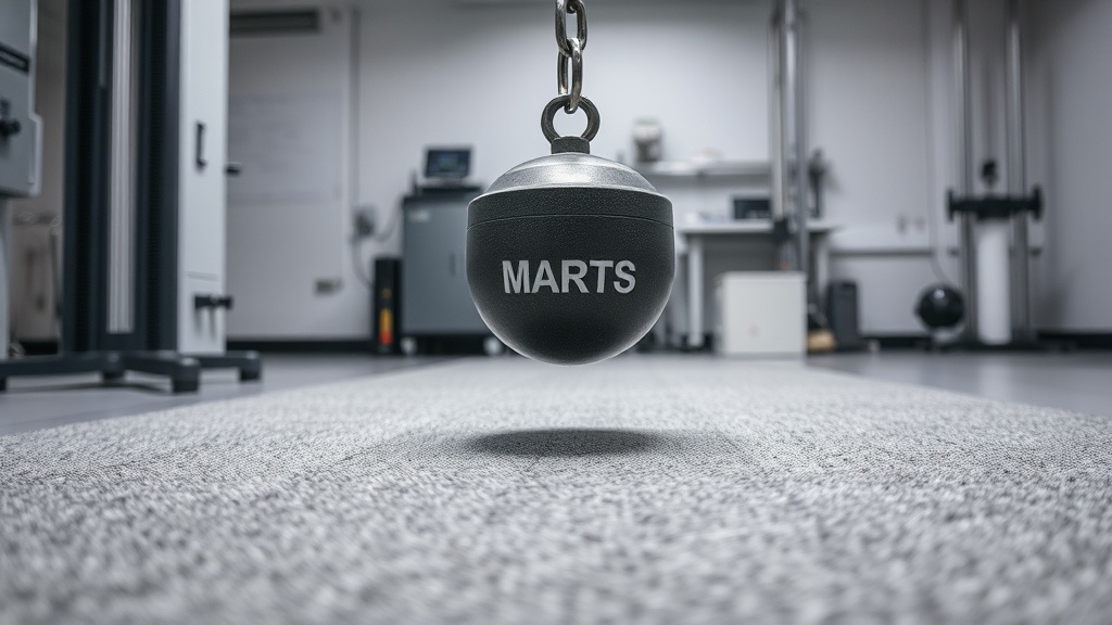 바닥재에 무거운 물체를 떨어뜨려 내충격성을 테스트하는 실험 장면